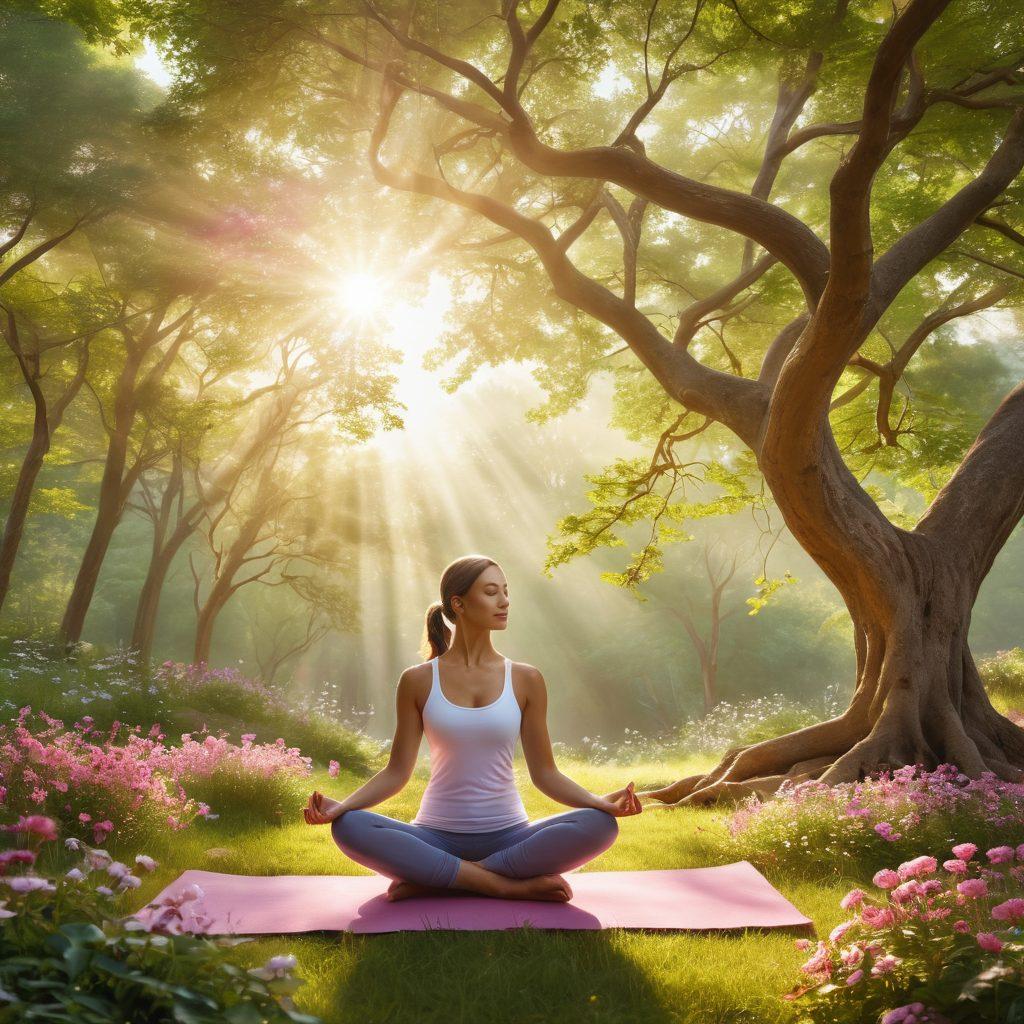 A serene landscape featuring a diverse group of people engaged in holistic wellness activities, such as yoga and meditation, surrounded by nature. Integrate soft sunlight filtering through trees, symbolizing hope and healing, alongside elements representing cancer awareness, like ribbons and flowers. Emphasize a harmonious blend of tranquility and empowerment. bright colors. nature-inspired. super-realistic.