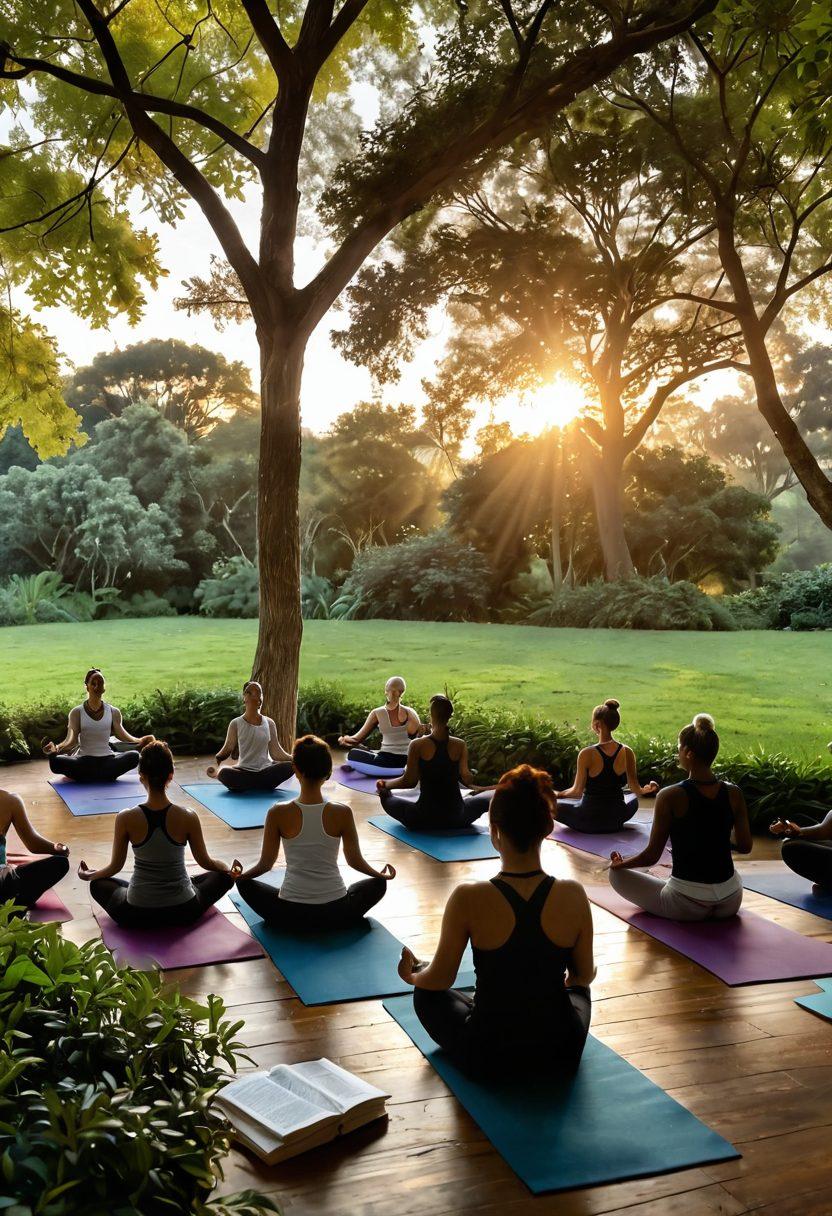 A serene, tranquil scene depicting a diverse group of people practicing yoga in a sunlit park surrounded by lush greenery. In the foreground, an instructor guides a class with open books and wellness resources scattered around. The backdrop features a calming sunset, symbolizing wellness and balance. Soft, warm colors blend harmoniously to enhance the feeling of tranquility and health. super-realistic. vibrant colors. peaceful atmosphere.